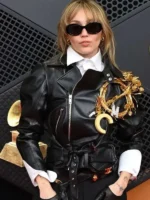 Miley Cyrus Black Leather Jacket 2026 LA Style Real Front View with Turn Down Collar