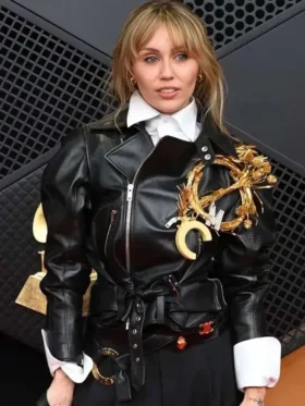 Close-up of premium real leather material and soft viscose lining on Miley Cyrus Jacket