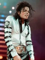 Close-up of the reinforced fine stitching on the silver Michael Jackson jacket.