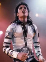 The heavy-duty front zipper closure on the Michael Jackson silver satin jacket.