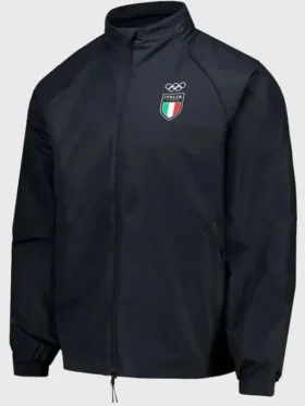 Front view of the Olympics 2026 Italy Black Track Jacket with a full zip closure.