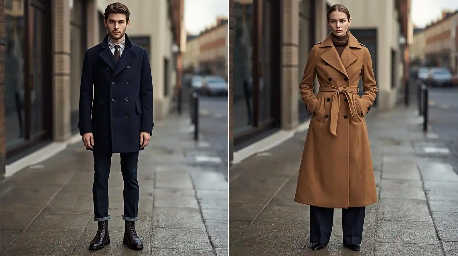 A full-body comparison of a man in a navy wool peacoat and a woman in a long tan belted trench coat on a city sidewalk.