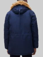 Scott Pilgrim blue parka jacket back view with fur hood and long sleeves