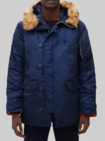 Scott Pilgrim jacket blue parka with fur hood and button closure front view worn by model