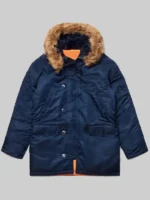 Scott Pilgrim blue parka jacket front view with fur hood and four pockets