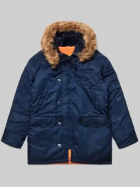 Scott Pilgrim blue parka jacket front view with fur hood and four pockets