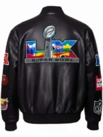 Back view of Super Bowl Black Real Leather Jacket showing athletic fit