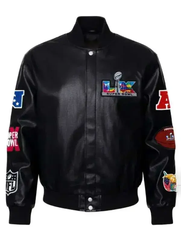 Super Bowl Jacket Front View Super Bowl Black Leather Jacket Front View with Ribbed Collar
