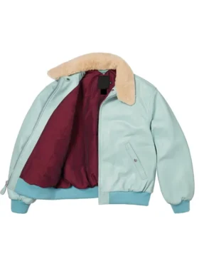 Supreme Shearling Collar Bomber Jacket Light Blue Closure View