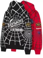 A view of the Supreme Vanson Spider Man Hoodie with logo patches.