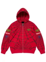 A full front view of the Supreme Vanson Spider Man Hoodie with patches.