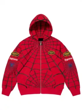 A full front view of the Supreme Vanson Spider Man Hoodie with patches.