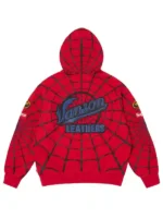 The back view of the Supreme Vanson Spider Man Hoodie showing the leather web detail.