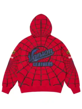 The back view of the Supreme Vanson Spider Man Hoodie showing the leather web detail.