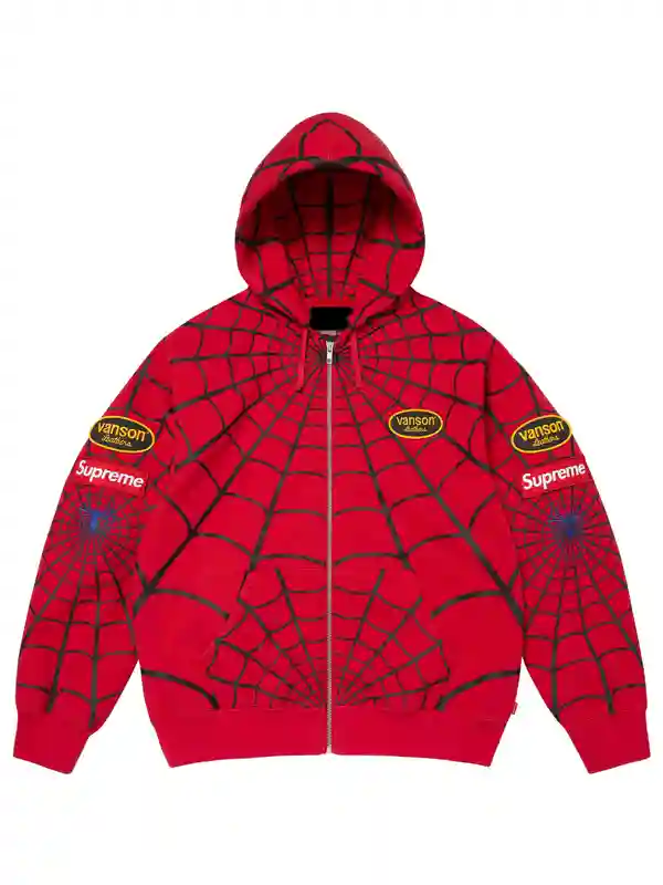 Supreme Vanson Spider Man HoodieSupreme Vanson Spider Man Hoodie A full front view of the Supreme Vanson Spider Man Hoodie with patches.