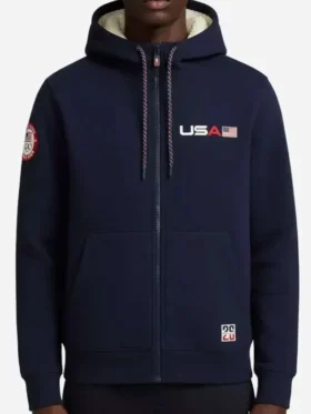 A front view of the USA Winter Olympics 2026 Blue Hoodie with team branding.