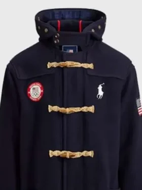 Front view of the USA Winter Olympics 2026 Toggle Coat in a rich navy blue color.
