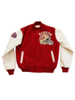 Front view of the red and white 49ers 80s letterman varsity jacket leather with team helmet logo on the chest.