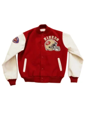 Front view of the red and white 49ers 80s letterman varsity jacket leather with team helmet logo on the chest.