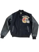 A high-quality 49ers 80s letterman varsity jacket leather in black featuring genuine leather sleeves, a wool body, and the iconic 1980s gold helmet logo on the chest.