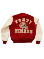 Back view of the 49ers varsity jacket l 1980 leather showing the "Forty Niners" large embroidery and helmet logo.