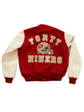 Back view of the 49ers varsity jacket l 1980 leather showing the "Forty Niners" large embroidery and helmet logo.