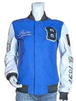 Boston Marathon 2026 varsity jacket in blue and white.