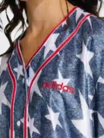 Close-up of the graphic detail on the Adidas Denim Graphic Baseball Jersey.