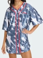 Close-up of the front buttons on the Adidas Denim Graphic Baseball Jersey.