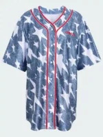 Front view of the Adidas Denim Graphic Baseball Jersey.