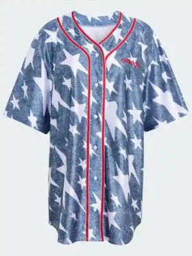 Front view of the Adidas Denim Graphic Baseball Jersey.