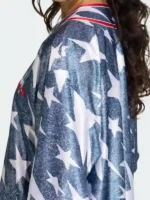 Side profile of the Adidas Denim Graphic Baseball Jersey.