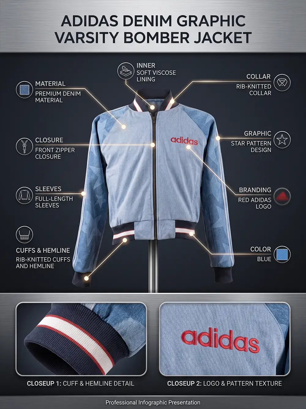 Infographic breakdown of the Adidas Denim Graphic Varsity Bomber Jacket detailing its premium denim material, red embroidered logo, star pattern sleeves, and ribbed-knitted cuffs.