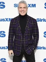 Close-up of the front closure on the Andy Cohen SiriusXM Purple Blazer.