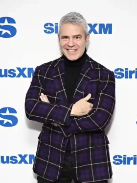 Front view of the vibrant Andy Cohen SiriusXM Purple Blazer.