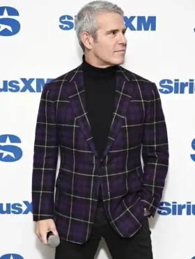 A full style look of the Andy Cohen SiriusXM Purple Blazer.