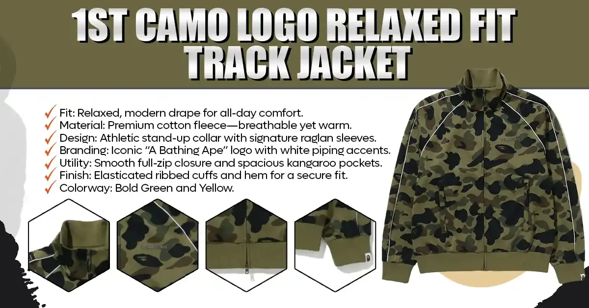 Front view of a BAPE 1st Camo green and yellow relaxed fit track jacket featuring an athletic stand-up collar, thin white piping lines along the raglan sleeves, and classic ribbed cuffs.