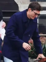 Close-up of the fabric on the Ashton Kutcher The Beauty Blue Peacoat.