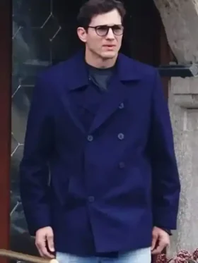 Front view of the classic Ashton Kutcher The Beauty Blue Peacoat.