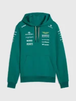 A front view of the Aston Martin F1 2026 green fleece hoodie with a comfortable hood.