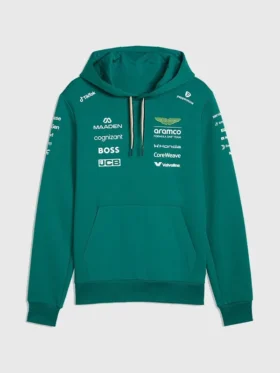 A front view of the Aston Martin F1 2026 green fleece hoodie with a comfortable hood.