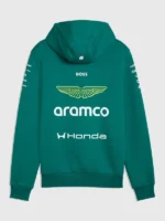 The rear view of the 2026 Aston Martin F1 green fleece hoodie showing a clean fit.