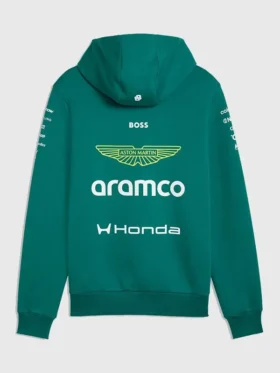 The rear view of the 2026 Aston Martin F1 green fleece hoodie showing a clean fit.
