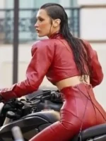 Back view of the stylish Bella Hadid Red Leather Jacket.