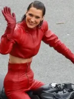 Front view of the vibrant Bella Hadid Red Leather Jacket.