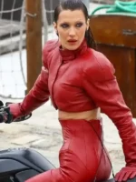 Side profile view of the Bella Hadid Red Leather Jacket.