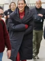 Front view of the classic Bella Hadid The Beauty Hooded Coat.