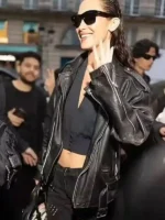 Close-up of the fabric on the Bella Hadid The Beauty Leather Jacket.