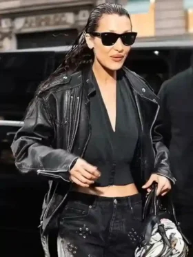 Close-up of the front closure on the Bella Hadid The Beauty Leather Jacket.