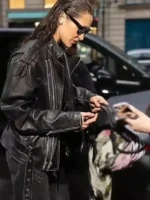 Side profile of the Bella Hadid The Beauty Leather Jacket.